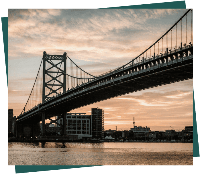 A bridge with a view of the city.